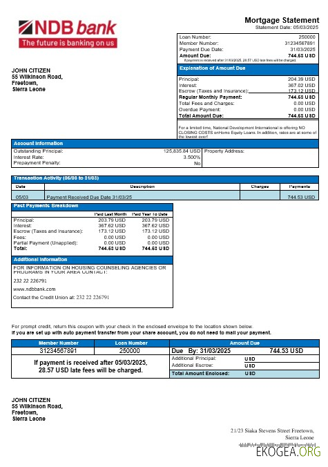 Relevé hypothécaire de la Banque nationale de développement de Sierra Leone aux formats Word et PDF
